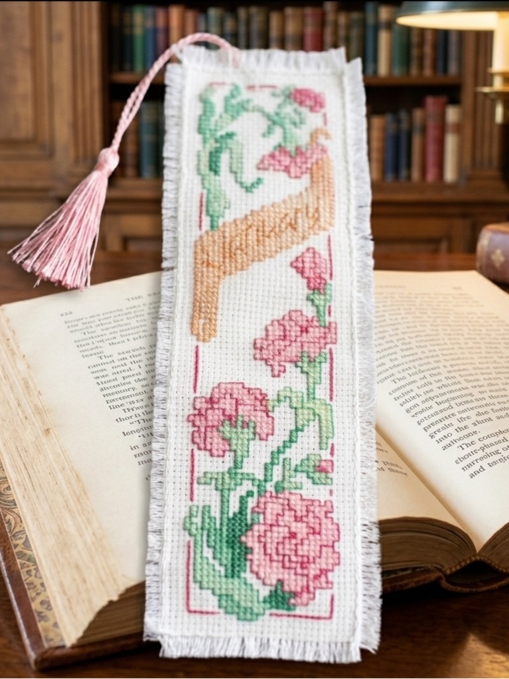 Handmade Cross Stitch January Carnation Bookmark
